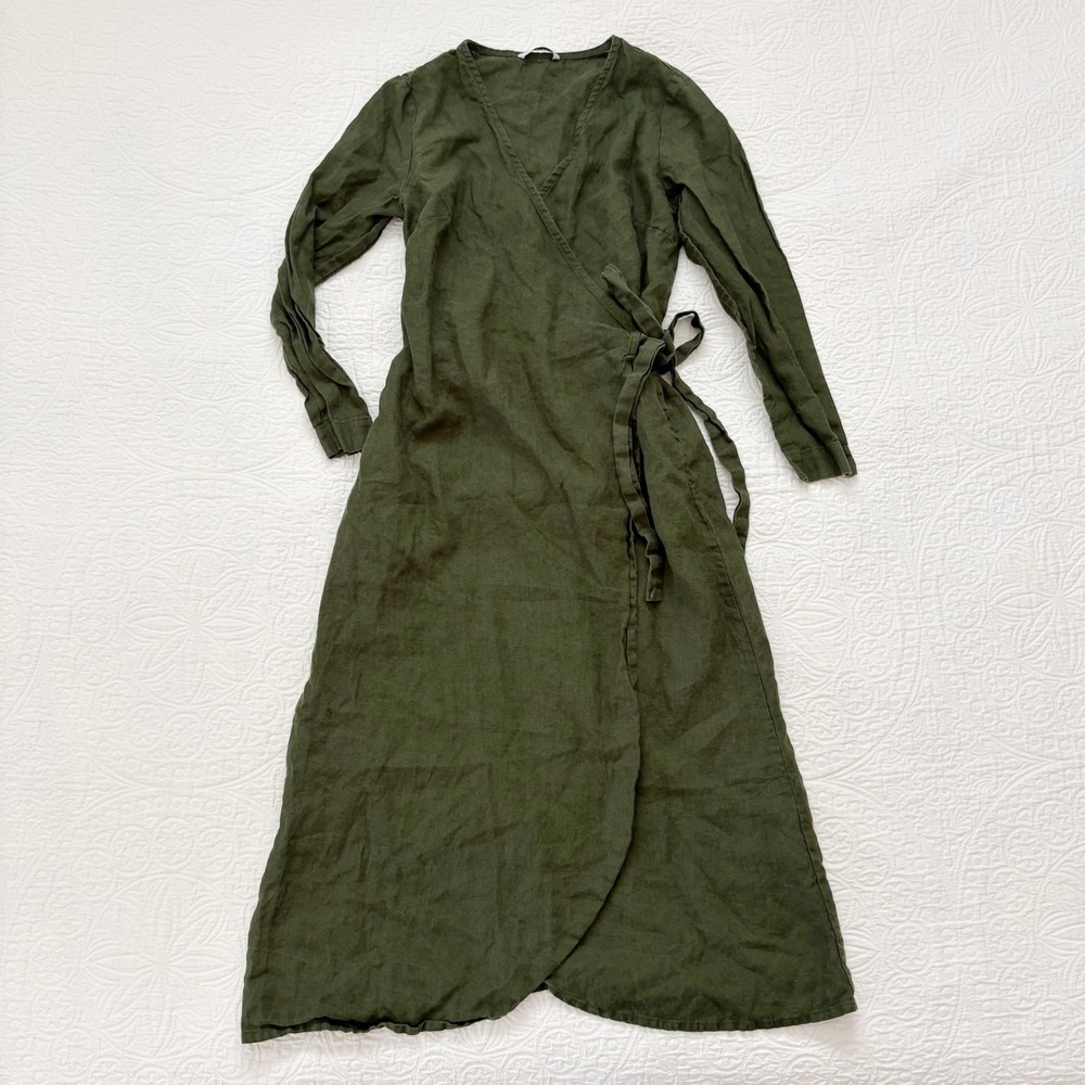 Linenfox Rosemary Linen‎ Wrap Dress, Forest Green Sz S-M